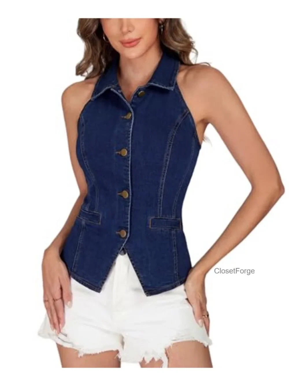 Women's Denim Halter Vest Sleeveless Collared Button Down Jean Blazer Waistcoat